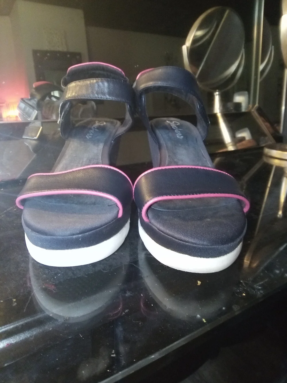 Skechers Navy Wedge Sandals with Pink Trim